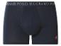 Marineblaue Baumwoll-Boxershorts mit elastischem Bund mit Text und rotem Logo.