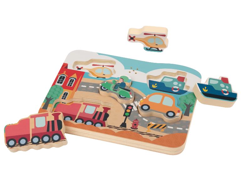 Holzpuzzle mit Transportmitteln: Zug, Auto, Boot, Helikopter und Motorrad.