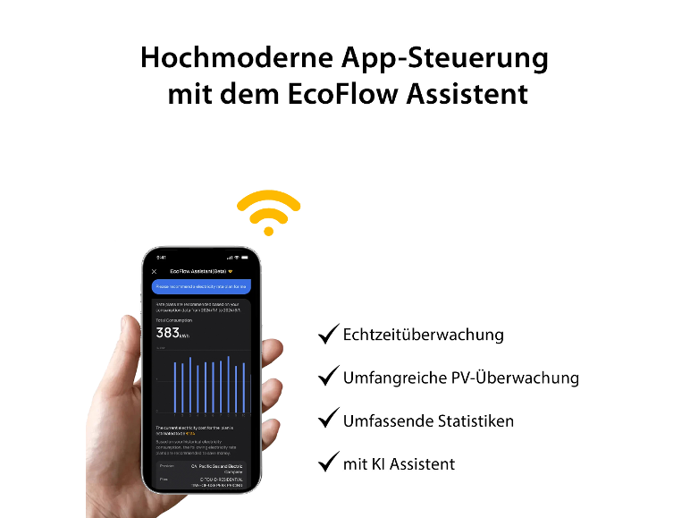 EcoFlow Assistant App auf Smartphone mit Energieüberwachung und Statistiken.