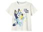 Weißes Kurzarm-T-Shirt mit Cartoon-Hund und Text „BED. SLEEP. NOW.“