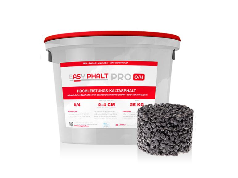 25 kg Eimer EASY PHALT PRO 0/4 Kaltasphalt und eine Asphaltprobe.