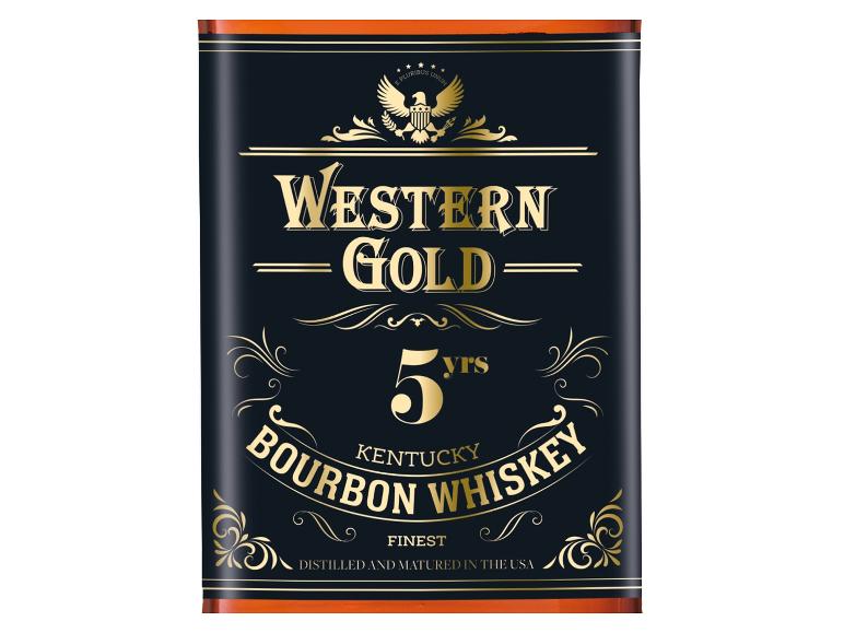 WESTERN GOLD Bourbon Whiskey 5 Jahre, dunkelblaues Etikett mit goldenem Muster