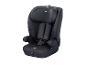 Dunkelgrauer Kindersitz mit Fünfpunktgurt und verstellbarer Kopfstütze.