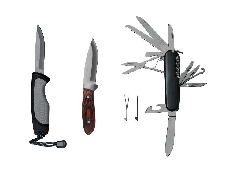 Zwei CRIVIT Messer und ein Multifunktionswerkzeug mit verschiedenen Funktionen.