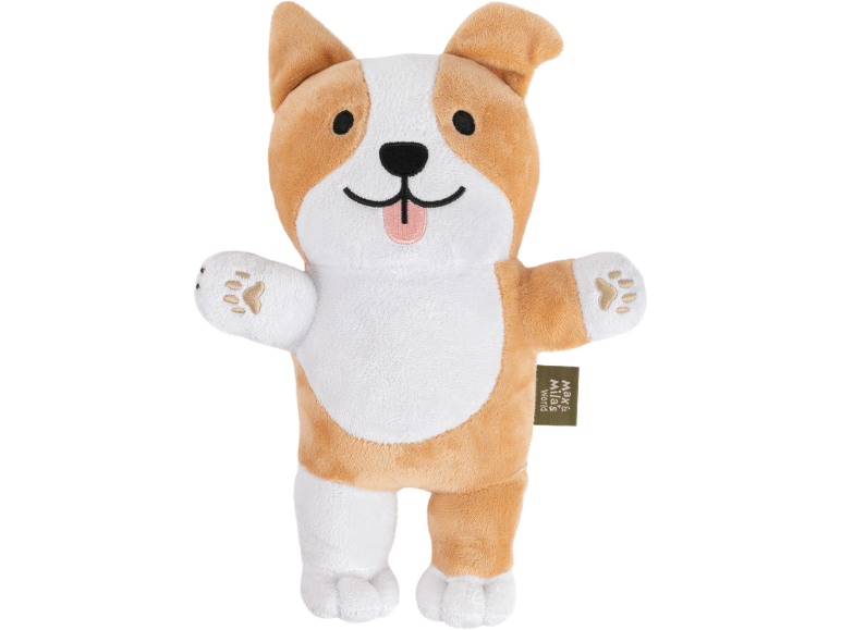 Corgi-Hundestofftier mit herausgestreckter Zunge und gestickten Pfoten, mit grünem Etikett.