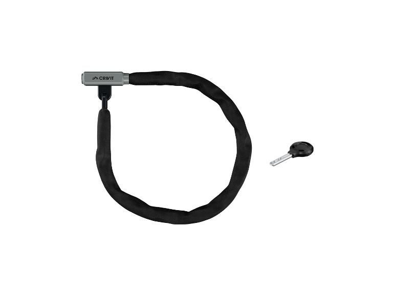 Ein schwarzes Crivit Fahrrad-Kettenschloss mit einem Schlüssel.
