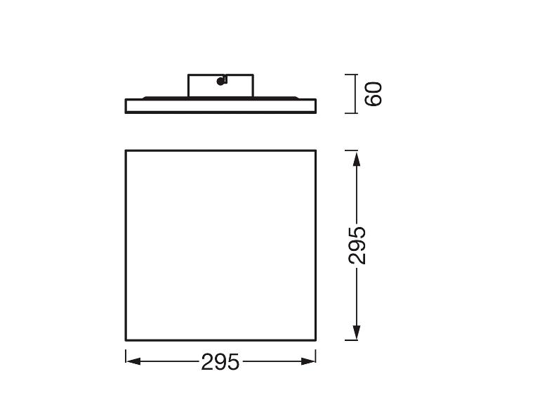 Technische Zeichnung einer quadratischen Leuchte mit den Maßen 295x295x60 mm.