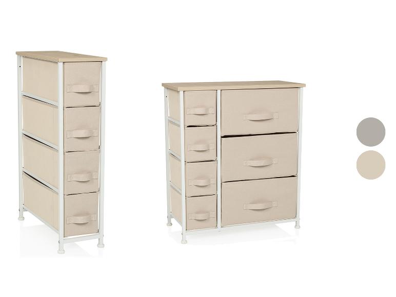 Zwei beigefarbene Stoffkommoden mit Metallrahmen und Holzplatte.