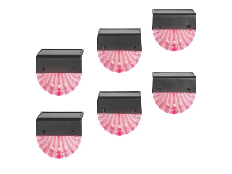 Sechs solarbetriebene LED-Außenleuchten mit rosa muschelförmigen Diffusoren.