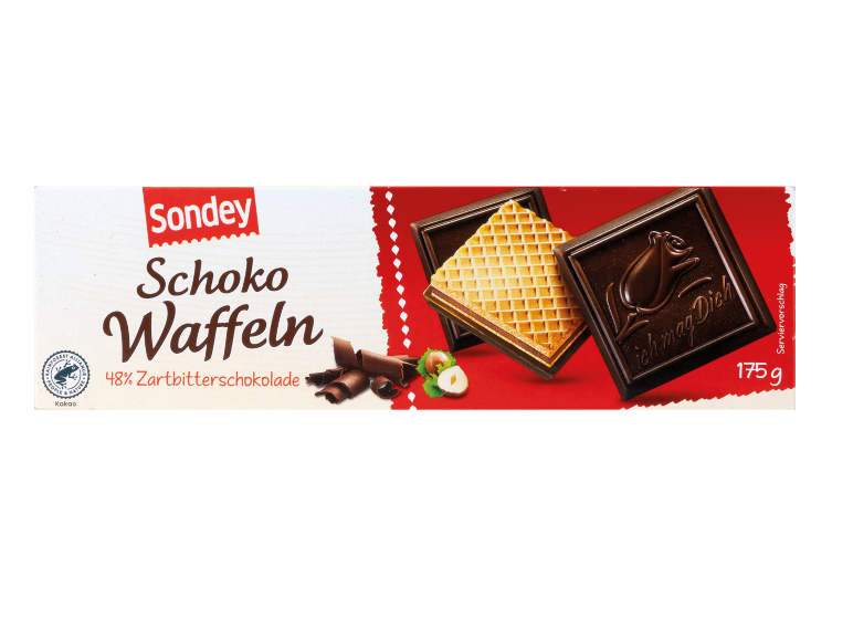 Schachtel Schokowaffeln mit 48% Zartbitterschokolade, Haselnüssen und dem Schriftzug „ich mag Dich“.