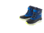 Paar blaue und schwarze Kinder-Winterstiefel mit neongelben Akzenten.