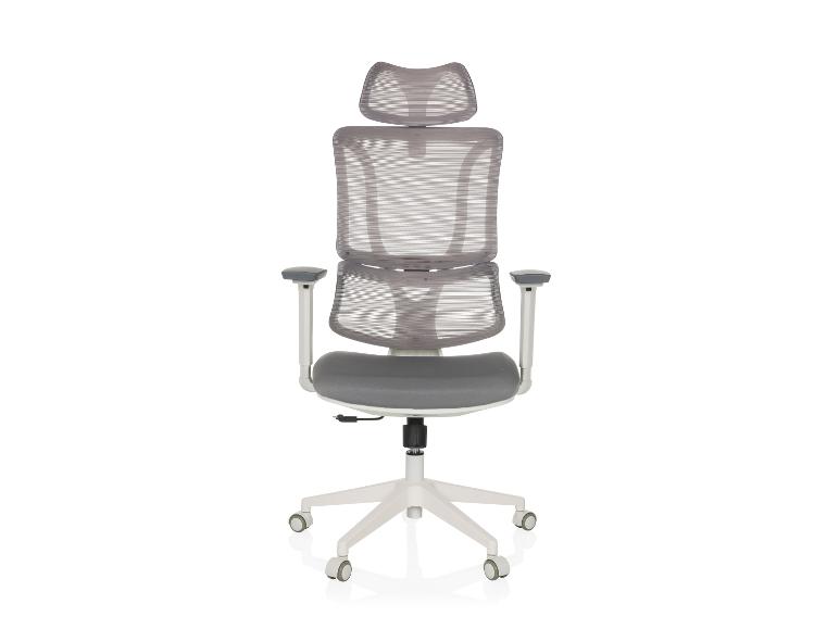 Grauer Bürostuhl mit Netzrückenlehne und Kopfstütze auf weißem Rollfuß.