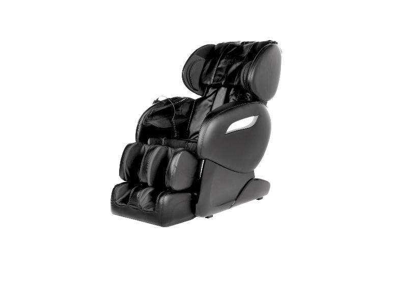 Schwarzer Massagesessel mit Lederdetails und modernem Design.