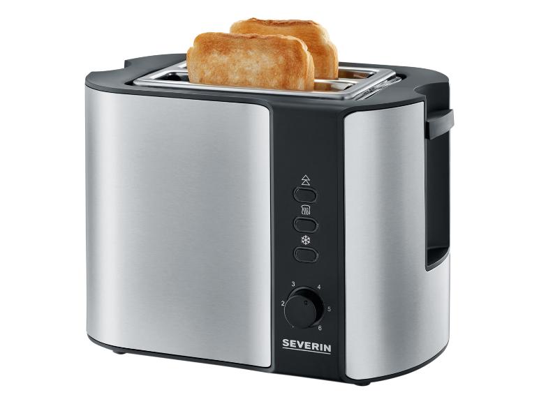 Severin Toaster mit zwei Scheiben Toast, silber und schwarz.