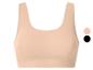 Hautfarbener nahtloser Sport-BH mit breiten Trägern, gezeigt mit schwarzen und hautfarbenen Farboptionen.