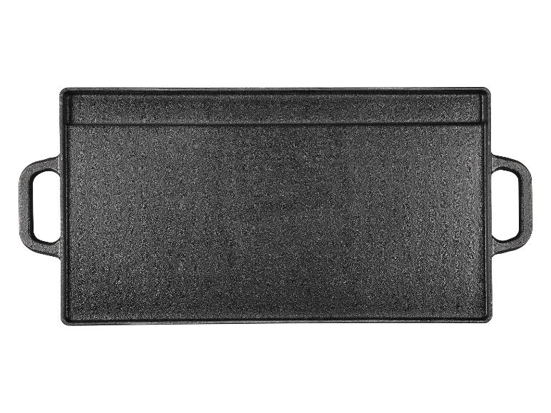 Rechteckige Grillplatte aus Gusseisen mit zwei Griffen.
