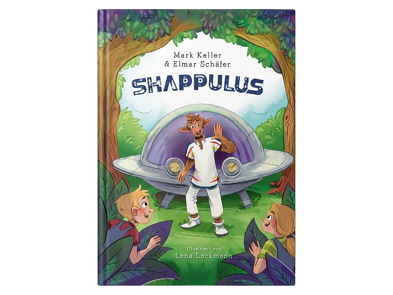 Buchcover „Shappulus“ mit einem Außerirdischen, Raumschiff und zwei Kindern im Wald.