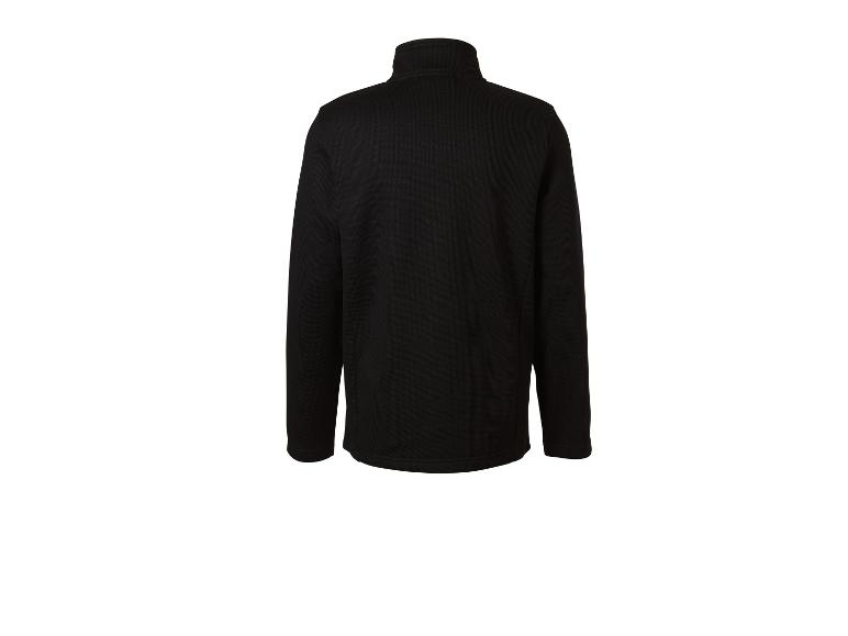 Rückenansicht einer schwarzen langärmeligen Fleecejacke mit Stehkragen.