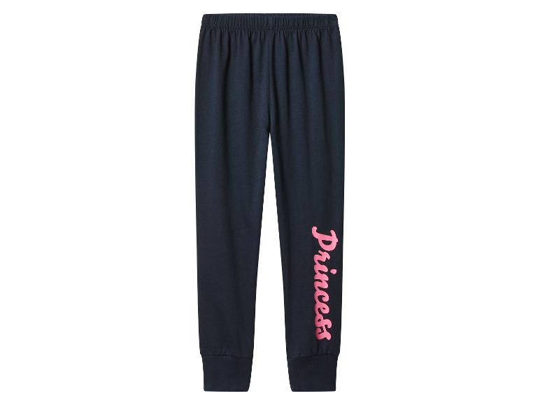 Dunkelblaue Mädchen-Jogginghose mit pinkfarbenem „Princess“-Schriftzug am Bein.