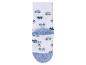 Weiße Kindersocken mit blauem und grünem Automuster und Anti-Rutsch-Sohle.