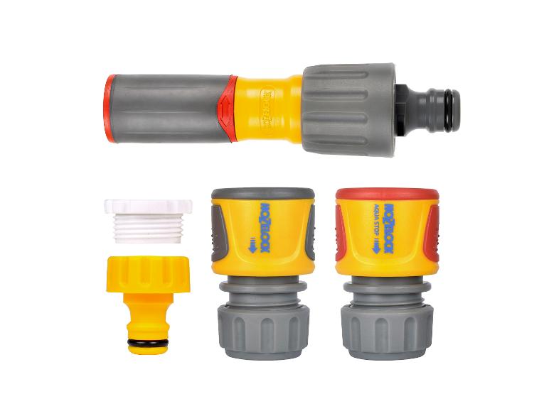 Set aus Gartenschlauchverbindern und Düsen in Gelb und Grau mit roten Details.