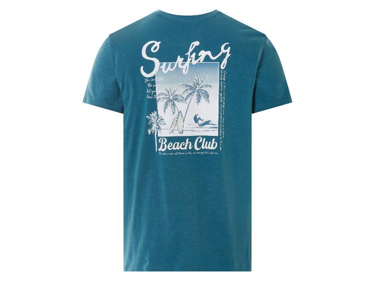 Türkisfarbenes Kurzarm-T-Shirt mit dem Aufdruck "Surfing Beach Club" und Surfmotiv.