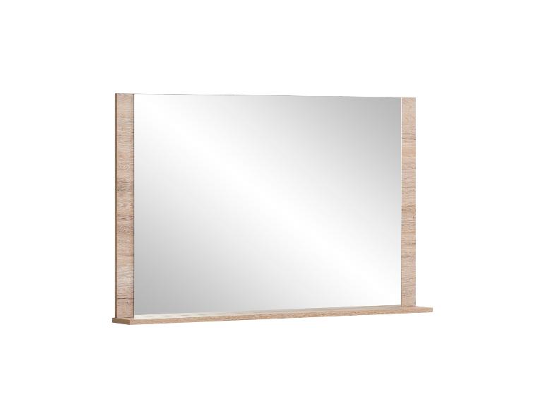 Quadratischer Spiegel mit Holzrahmen und kleiner Ablage darunter.