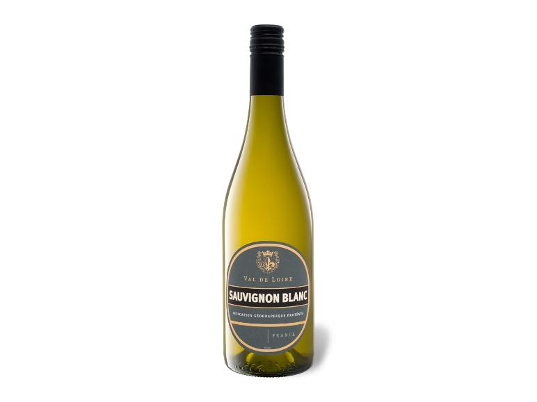 Eine Flasche Val de Loire Sauvignon Blanc Weißwein mit schwarzem Schraubverschluss.