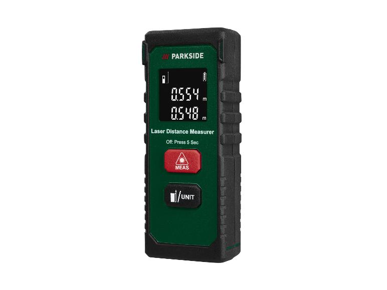 Ein Parkside Laser-Entfernungsmesser mit Anzeige von Messungen und Bedienelementen.