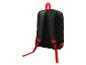 Schwarzer Rucksack mit roten Trägern und Griff, Rückansicht