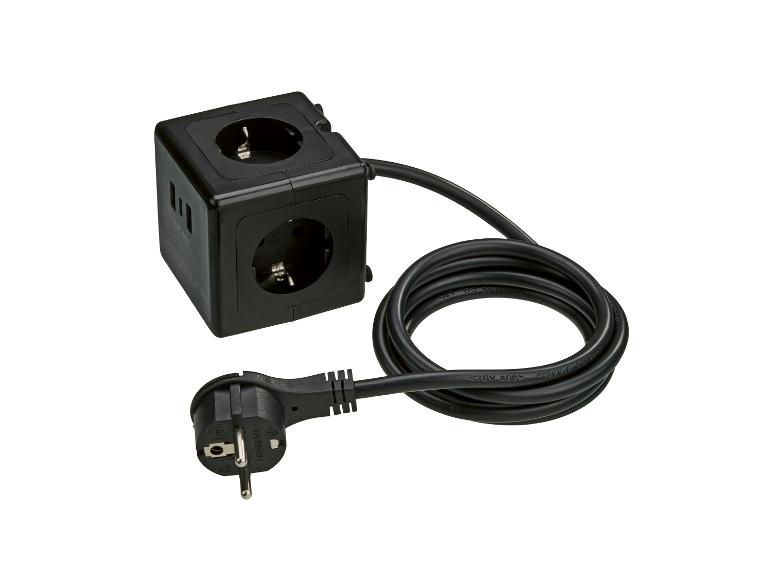 Würfelförmige Steckdosenleiste mit 3 Steckdosen, Kabel und Schuko-Stecker.