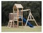 Hölzerner Spielplatz mit blauer Rutsche und Schaukeln in einem grünen Garten.