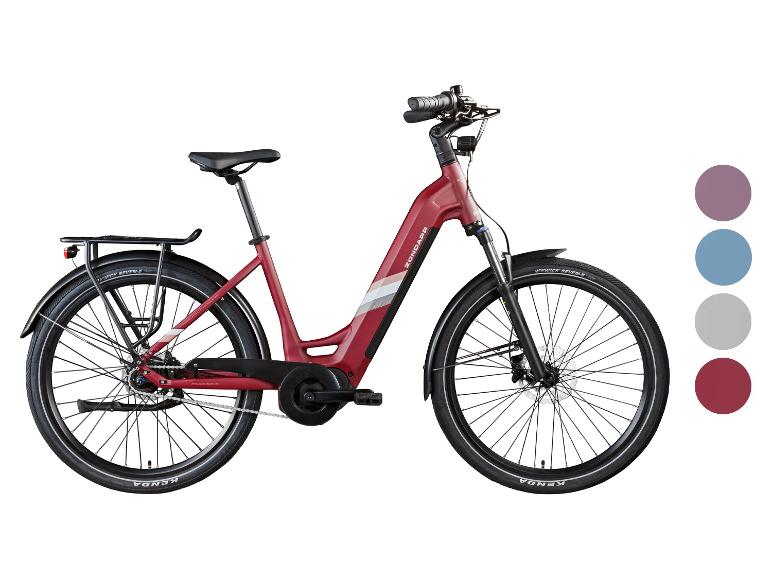Rotes E-Bike mit Gepäckträger und Schutzblechen, mit Farboptionen an der Seite.
