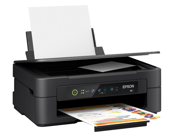 Epson-Drucker mit Papier im Eingabefach und einem farbigen Dokument im Ausgabefach.