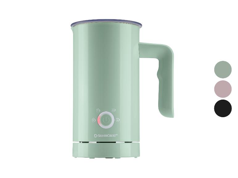Mintgrüner elektrischer Milchaufschäumer mit Griff und Funktionstasten.