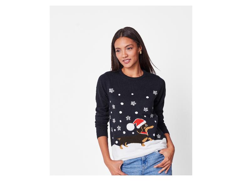 Frau in dunkelblauem Weihnachtspullover mit Dackel und Schneeflocken.