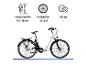 Weißes Elektrofahrrad mit Spezifikationen: Körpergröße 160-185cm, Radgröße 28 Zoll, 7 Gänge.