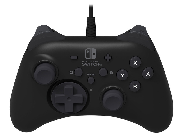 Schwarzer Nintendo Switch-Controller mit Knöpfen, analogen Sticks und einem D-Pad.