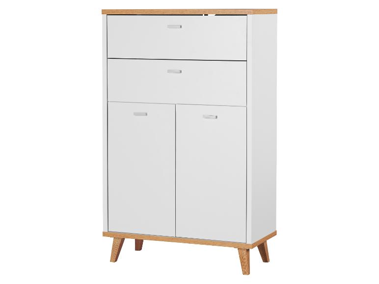 Weißer und hölzerner Aufbewahrungsschrank mit Schubladen und Türen