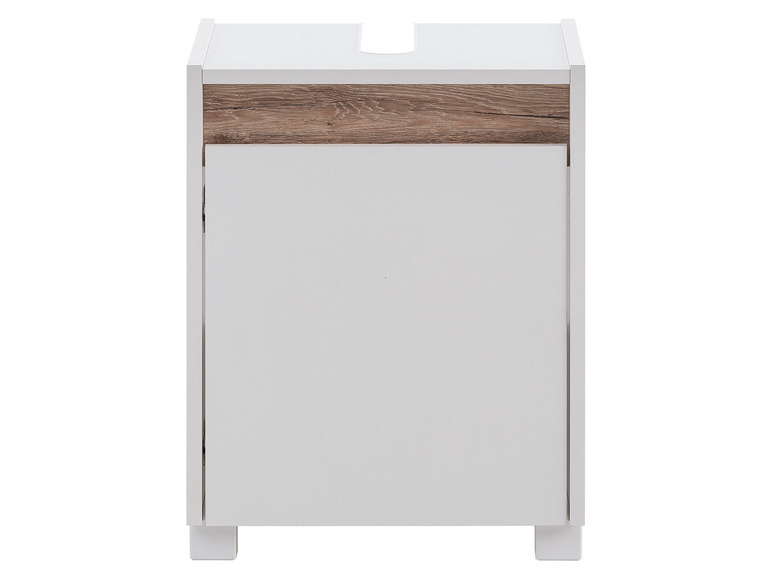 Weißer Waschtischunterschrank mit Holzakzenten.