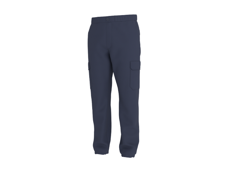 Dunkelblaue Cargohose mit elastischem Bund und Seitentaschen.