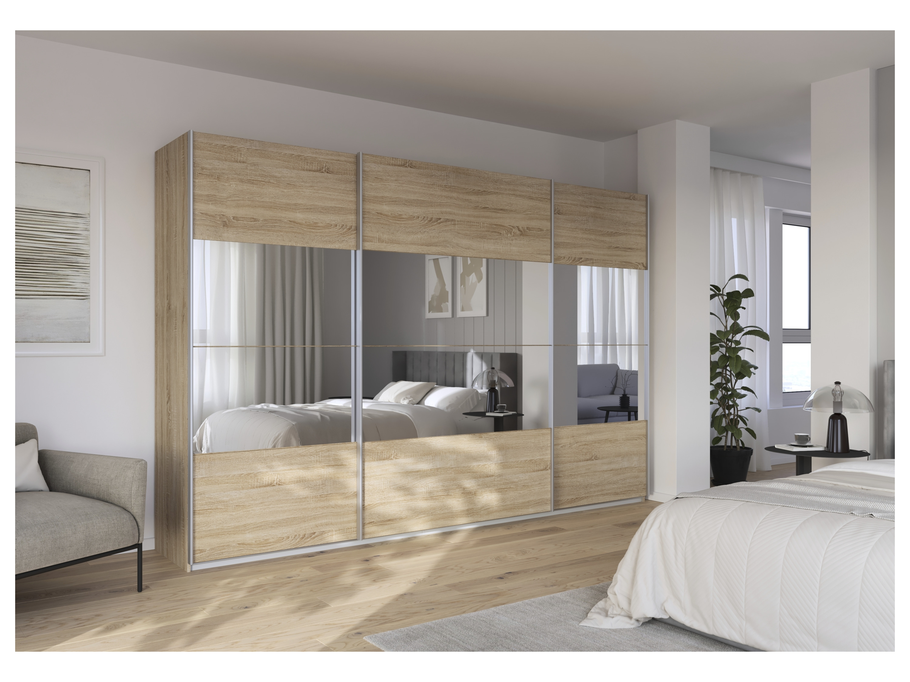 RAUCH ORANGE Quadra Schwebetürenschrank mit Spiegelelementen (Basic-Zubehör, Korpus: Eiche, 315 x 210 cm) – Bild 2 von 4