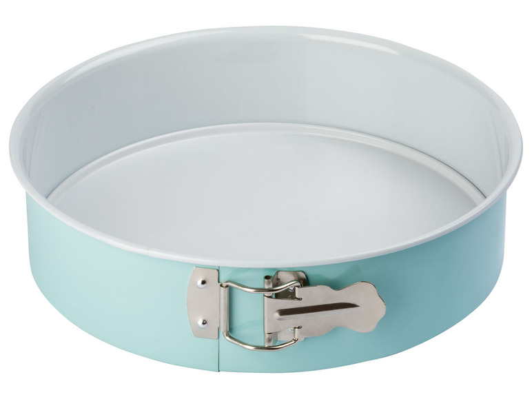 Eine hellblaue Springform mit silbernem Verschluss.