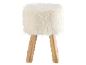 Runder Hocker mit weißem Kunstfell und hellen Holzbeinen