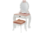 Weißer und rosa Spielzeug-Schminktisch mit Spiegel, Schublade und gepolstertem Hocker.