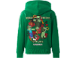 Grüner Kinder-Kapuzenpullover mit buntem Aufdruck auf dem Rücken.