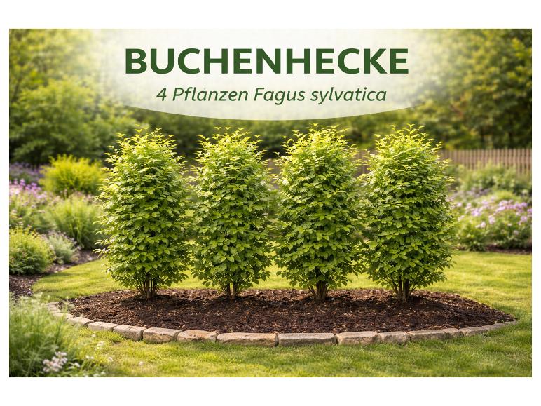 4 Buchenpflanzen (Fagus sylvatica) in einem Garten, mit dem Text „BUCHENHECKE“.