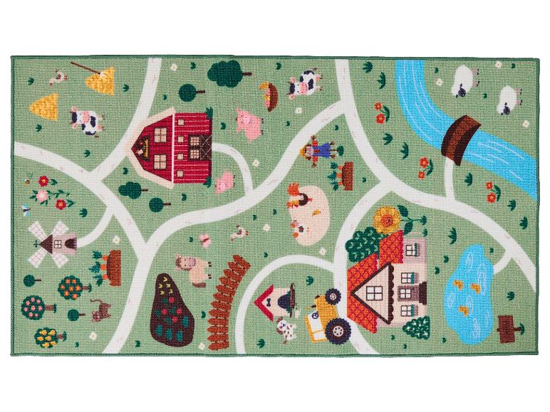 Spielteppich mit Bauernhof-Motiv, mit Straßen, Scheune, Tieren und Häusern.