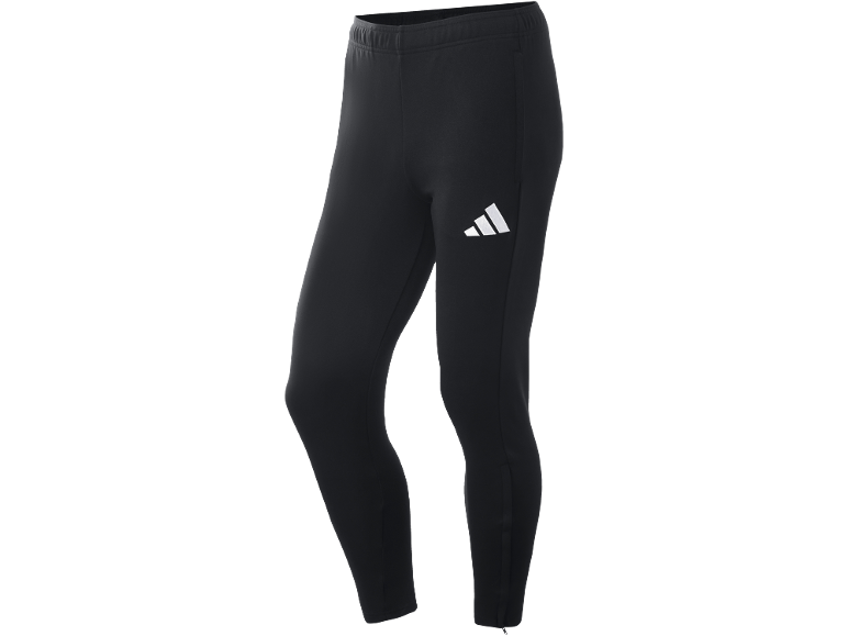 Schwarze Sportleggings mit weißem Logo am Oberschenkel.