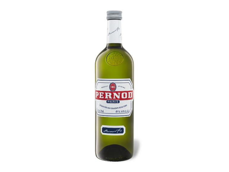 Flasche Anislikör mit weißem Etikett und roter Schrift